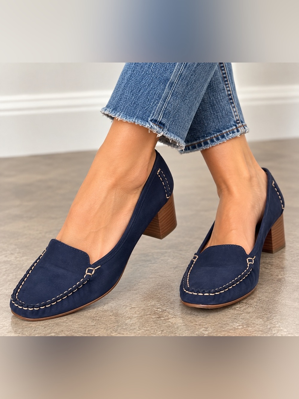 Chelsea Crew Black Label Navy Blue Suede Loafers Block Heel Size 10